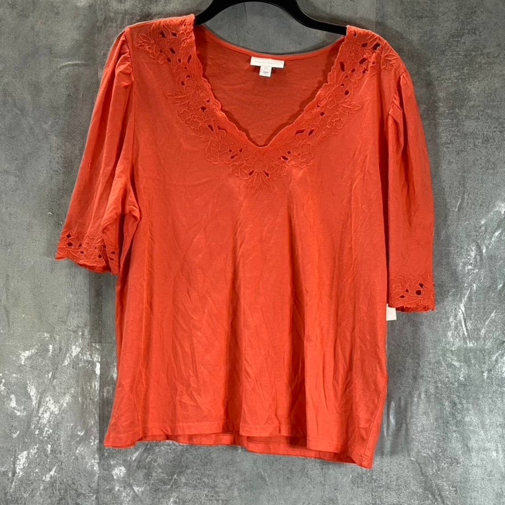 Charter Club Women's Petite Hot Coral Cotton Crochet-Trim Elbow-Sleeve Top